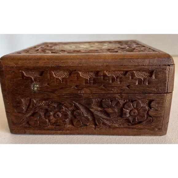 VTG Hand Carved Wooden Box Mother Pearl Inlay Trinket Hinged Lid 5”X5”X2.5” - Picture 8 of 13